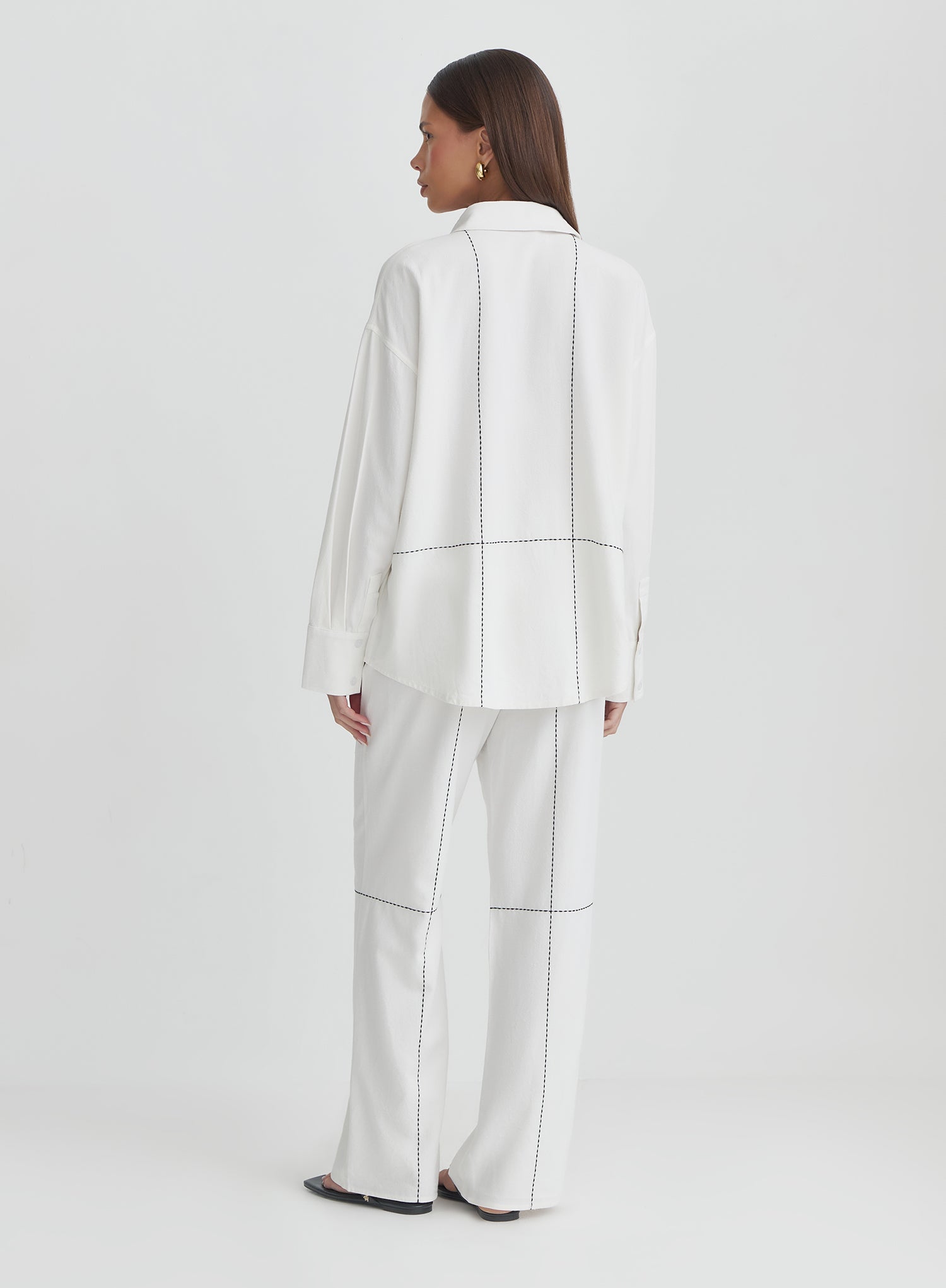 Off White Contrast Stitch Linen Trouser